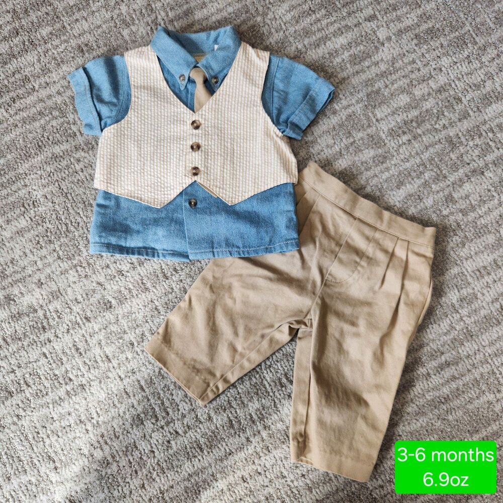 Little Bitty boys 4 piece outfit denim seersucker khaki size 3-6 months